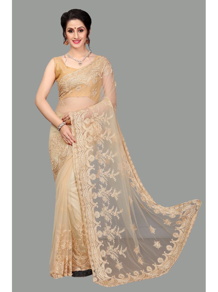     			Lady Shopi Net Embroidered Saree With Blouse Piece - Cream ( Pack of 1 )