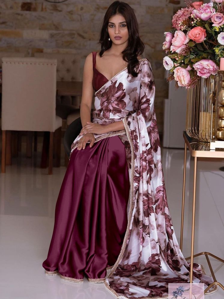     			Lady Shopi Satin Printed Saree With Blouse Piece - Wine ( Pack of 1 )