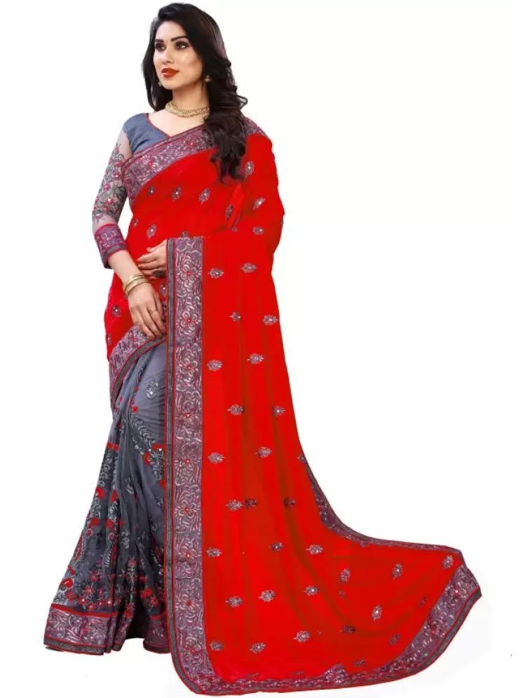     			Lady Shopi Silk Embellished Saree With Blouse Piece - Red ( Pack of 1 )