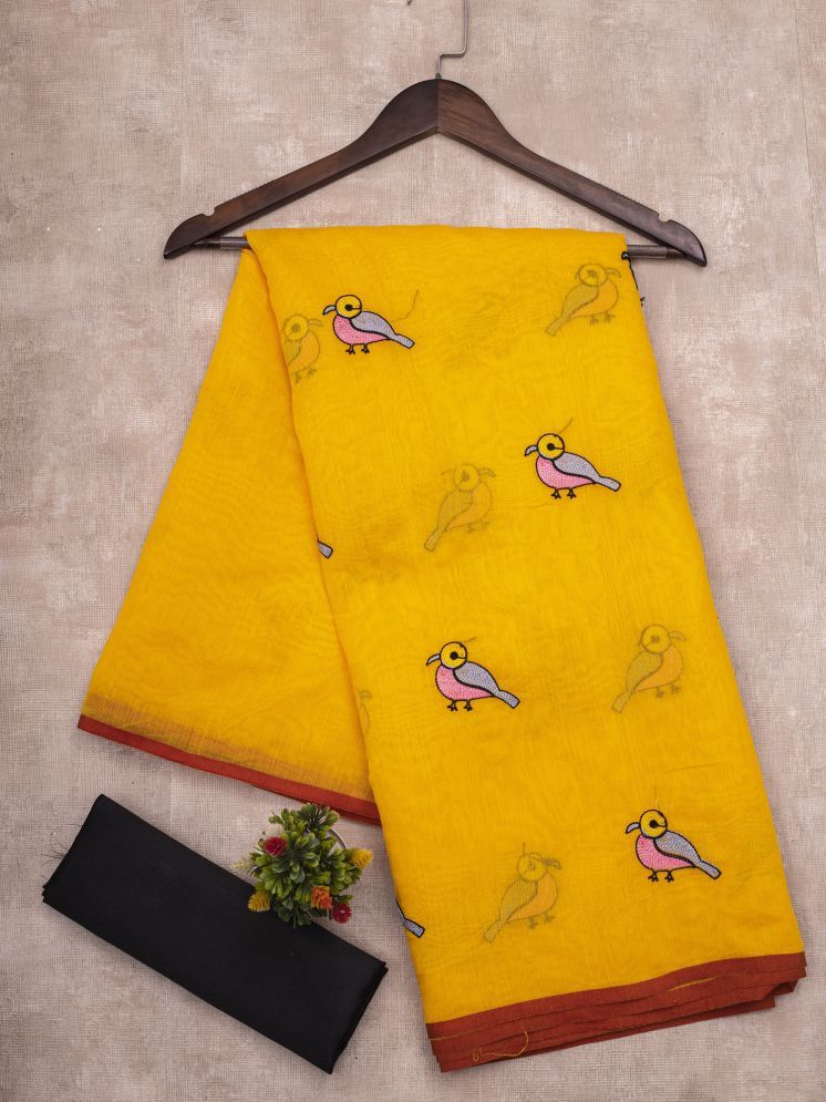     			Aika Chanderi Embroidered Saree With Blouse Piece - Yellow ( Pack of 1 )