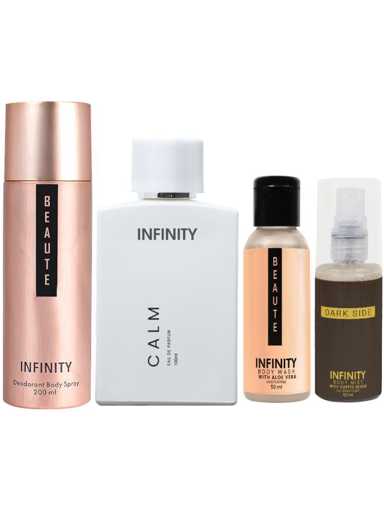     			Infinity Calm Perfume, Beaute Deodorant, Beaute Body Wash & Dark Side Body Mist Pack of 4