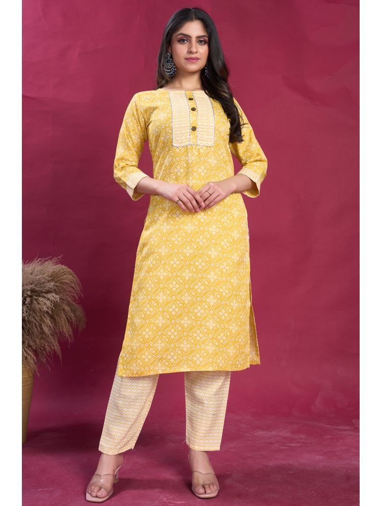     			Krihani Cotton Printed Kurti With Pants Women's Stitched Salwar Suit - Yellow ( Pack of 1 )