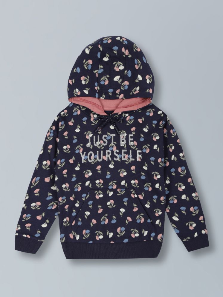     			PlumTree Girls Flower AOP & Just Be Yourself Hooded Cotton  sweatshirt - MidNight Navy