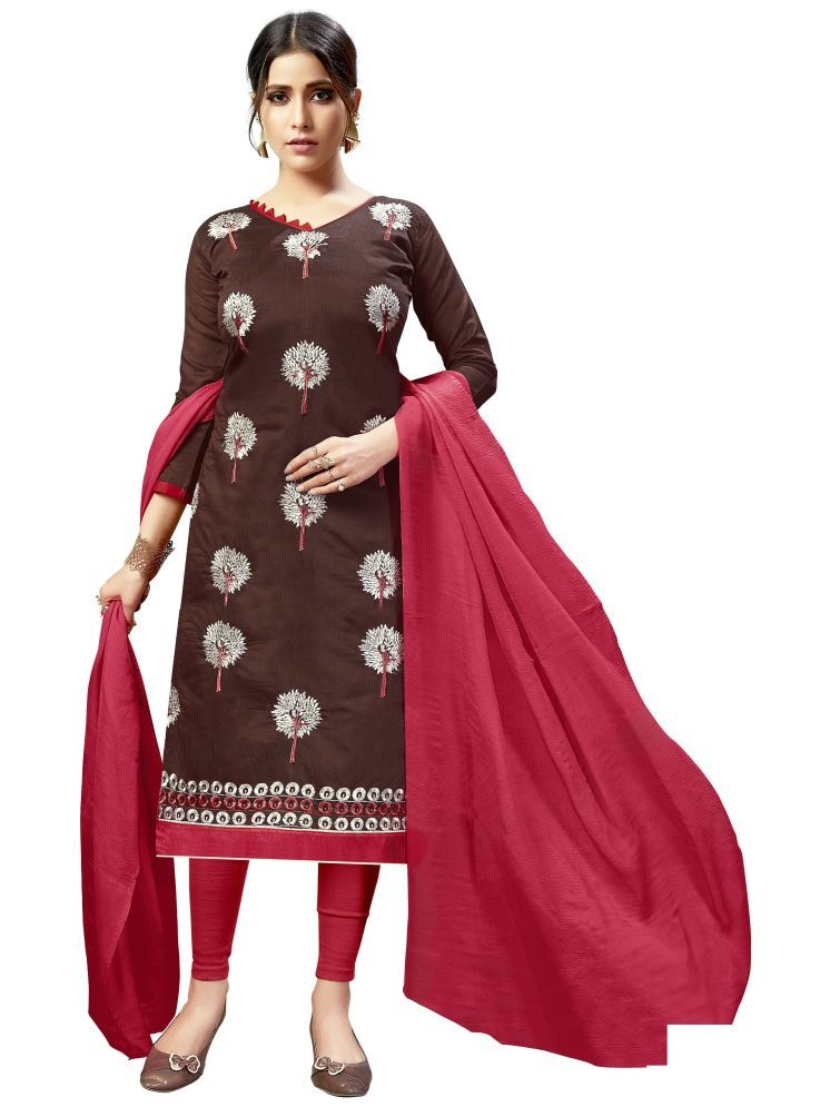     			Lady Shopi Unstitched Chanderi Embroidered Dress Material - Coffee ( Pack of 1 )