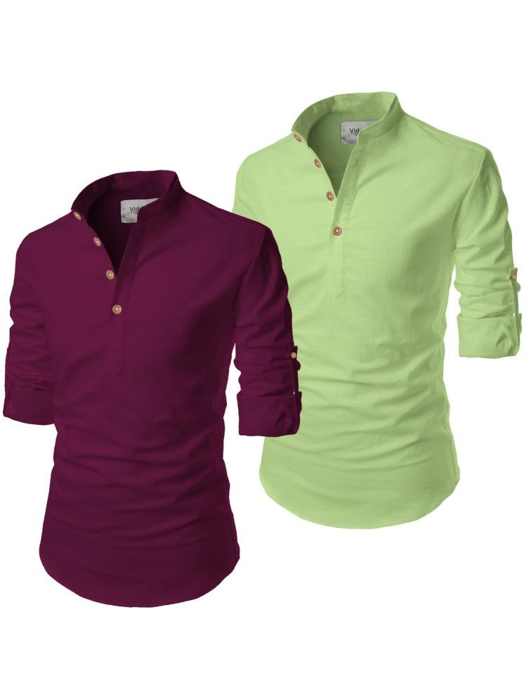     			UNI VIBE Light Green Cotton Blend Men's Shirt Style Kurta ( Pack of 2 )