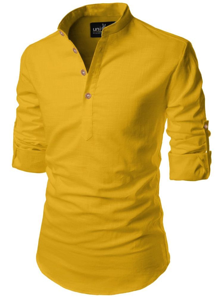     			UNI VIBE Yellow Cotton Blend Men's Shirt Style Kurta ( Pack of 1 )