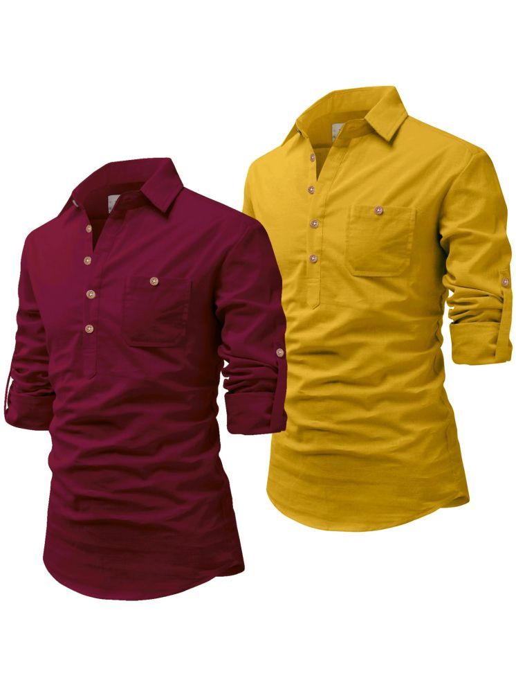     			UNI VIBE Yellow Cotton Blend Men's Shirt Style Kurta ( Pack of 2 )