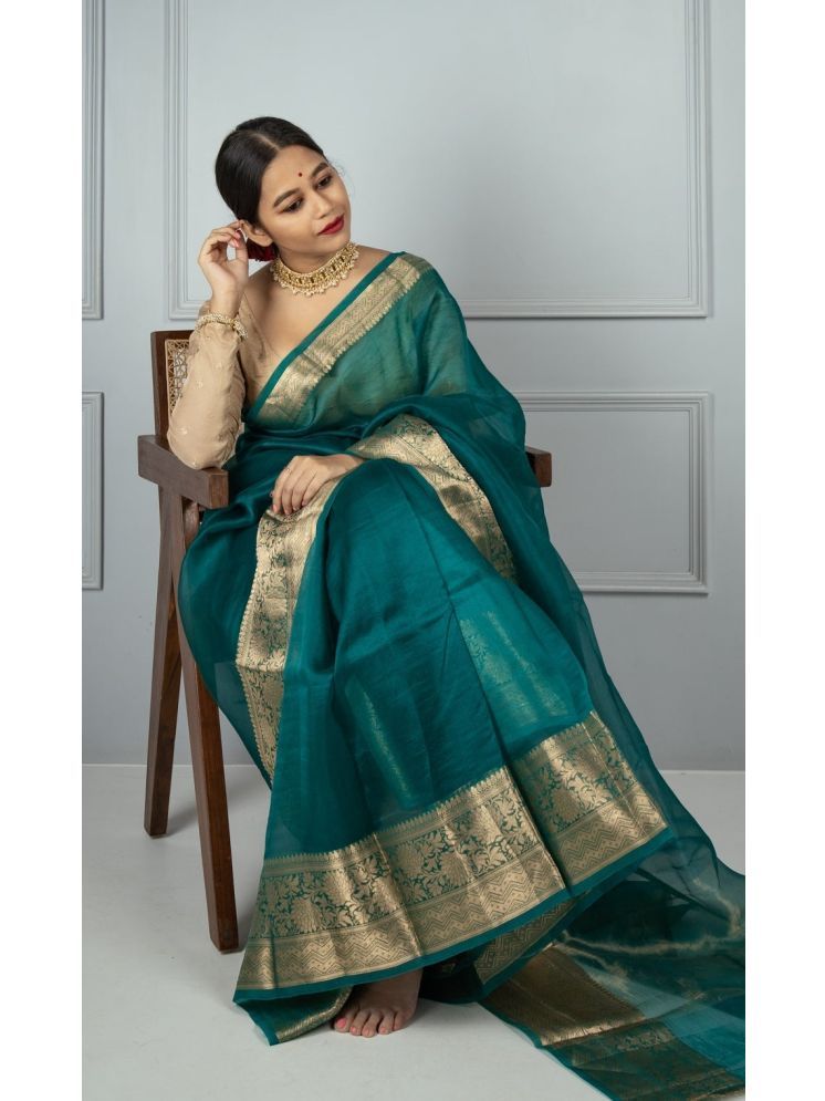     			AWRIYA Organza Solid Saree With Blouse Piece - Teal ( Pack of 1 )