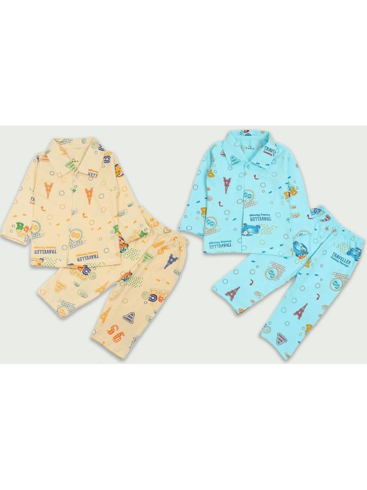     			Cotton Night Suit Full Sleeves, Printed, Collared Neck, for Unisex Kids (Pack of 2)