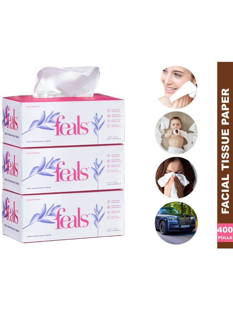     			FEALS 2 Ply Facial Tissues No Chemicals & Lint Free, High Absorbent 600 Pulls (3 Pack of 200 Pulls)