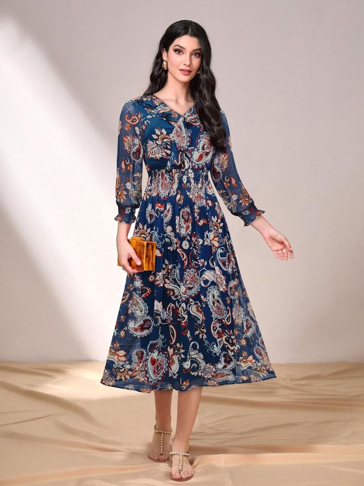     			TOOCHKI Georgette Printed Midi Women's Fit & Flare Dress - Navy Blue ( Pack of 1 )