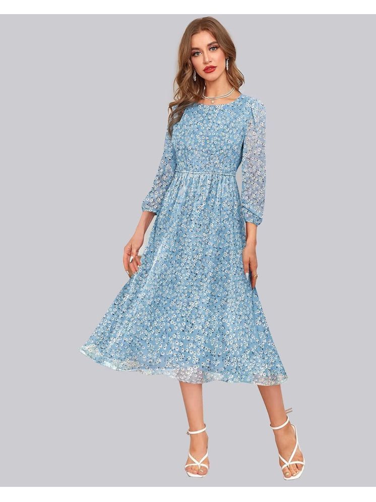     			TOOCHKI Georgette Printed Midi Women's Fit & Flare Dress - Light Blue ( Pack of 1 )