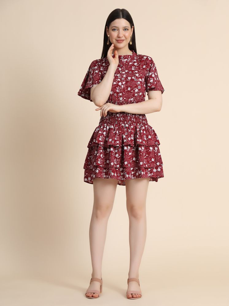     			TOOCHKI Polyester Printed Above Knee Women's Fit & Flare Dress - Maroon ( Pack of 1 )