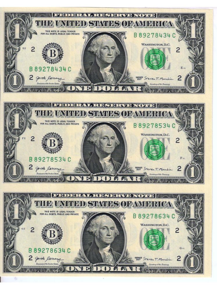     			Very Rare 1 Dollar U.S.A 3 UNC Notes Uncut Sheet