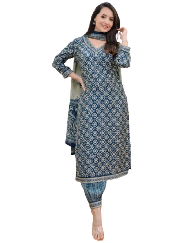     			Heavenly Attire Cotton Embroidered Kurti With Pants Women's Stitched Salwar Suit - Blue ( Pack of 1 )