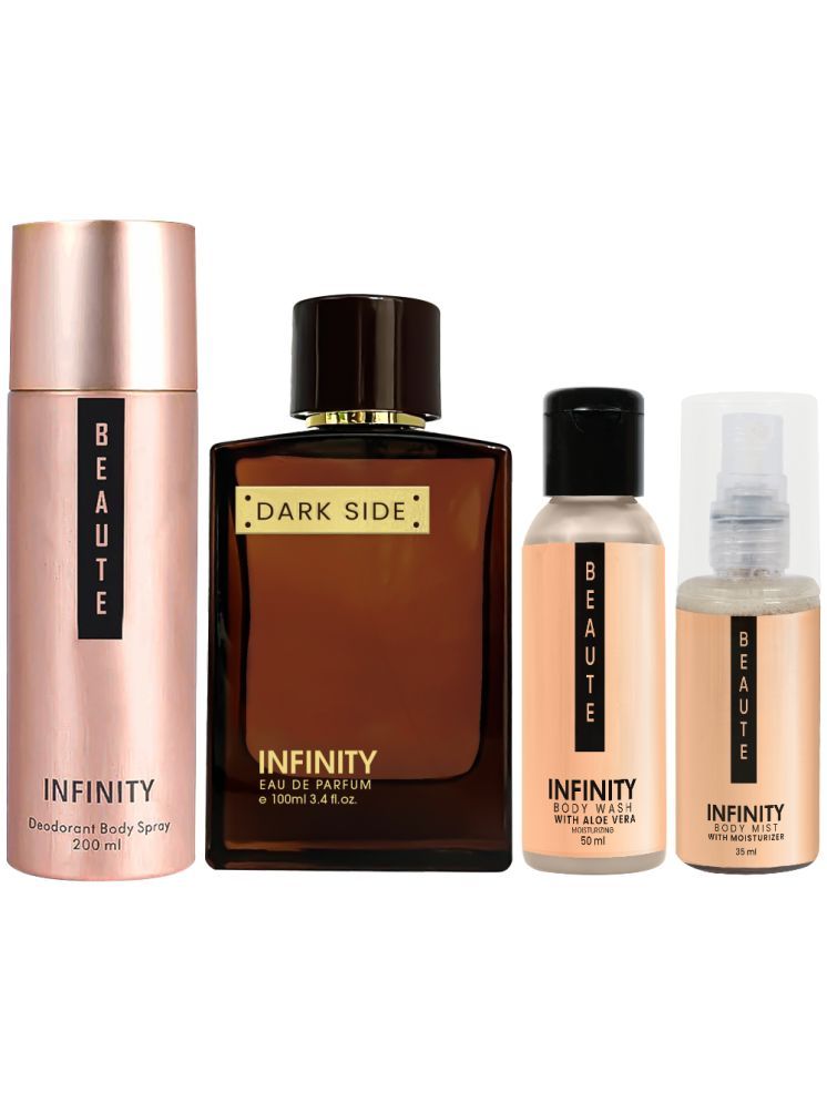     			Infinity Dark Side Perfume, Beaute Deodorant, Beaute Body Wash & Beaute Body Mist Travel Friendly Pack of 4