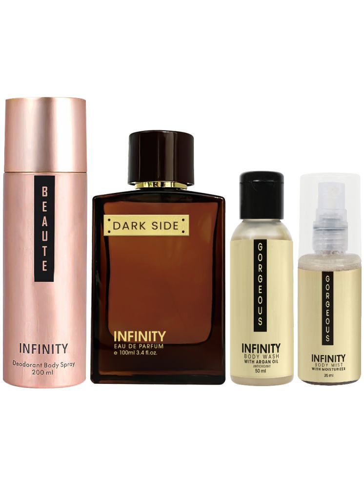     			Infinity Dark Side Perfume, Beaute Deodorant, Gorgeous Body Wash & Gorgeous Body Mist Travel Friendly Pack of 4