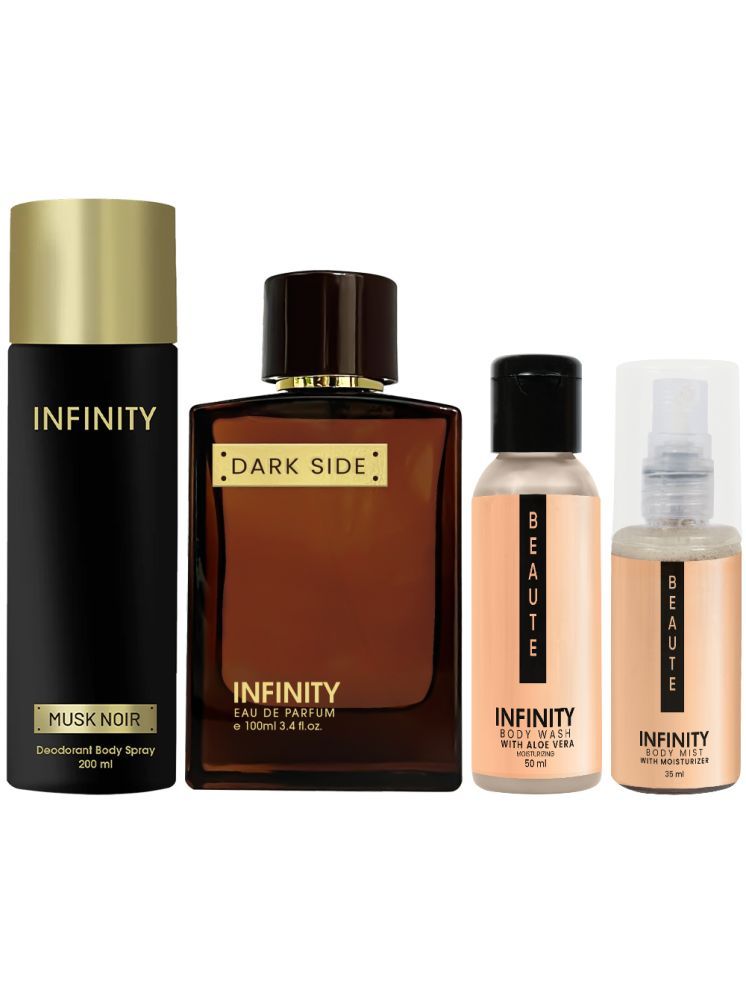     			Infinity Dark Side Perfume, Musk Noir Deodorant, Beaute Body Wash & Beaute Body Mist Travel Friendly Pack of 4