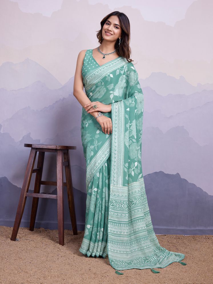     			Rekha Maniyar Georgette Printed Saree With Blouse Piece - Turquoise ( Pack of 1 )