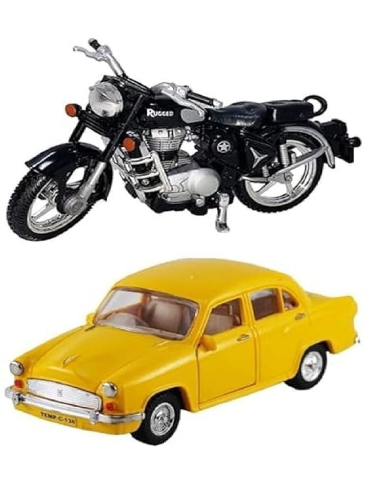     			Combo of Pull Back Rugged  Bike (Side Stand) & Ambassador Taxi Car (Door Openable) Toy Vehicles Combo Set