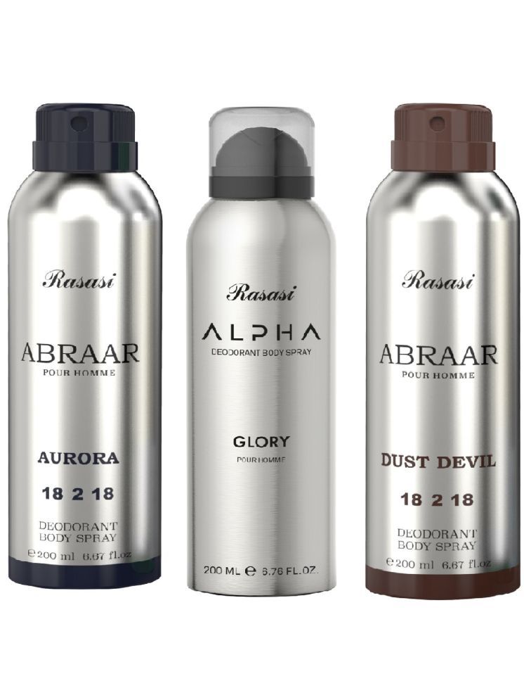     			Rasasi Abraar Aurora, Dust Devil & Glory Deodorant Spray for Unisex 600 ml ( Pack of 3 )