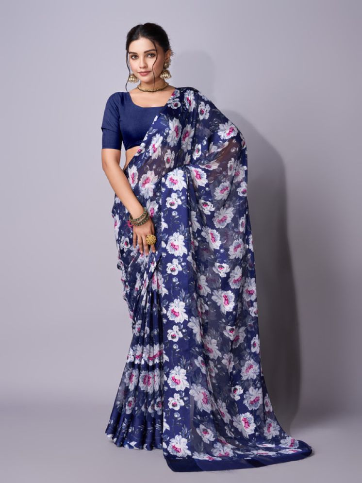     			Sitanjali Georgette Printed Saree With Blouse Piece - Navy Blue ( Pack of 1 )