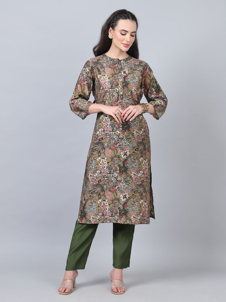     			Flamboyant Chanderi Printed Kurti With Pants Women's Stitched Salwar Suit - Grey ( Pack of 1 )