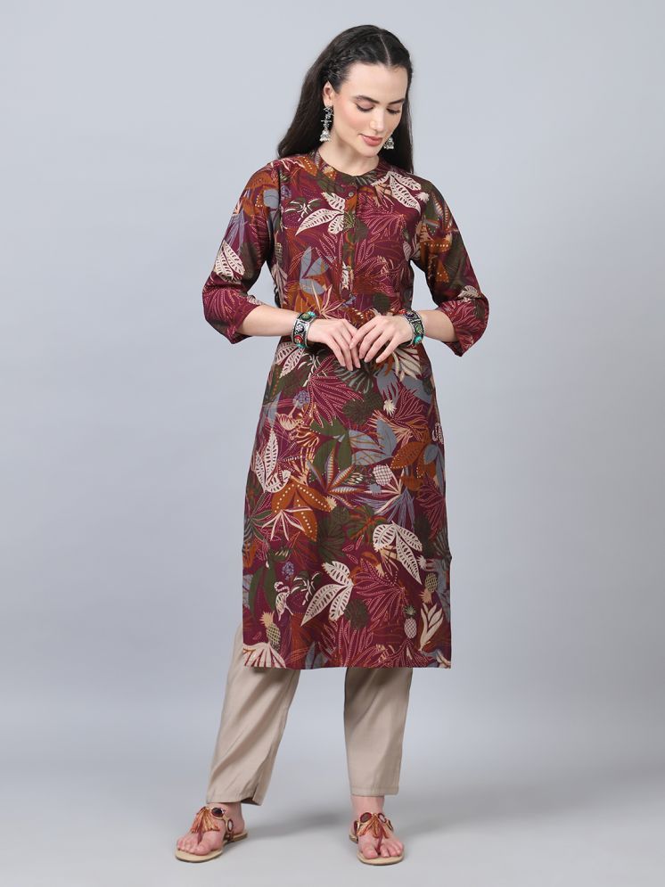     			Flamboyant Chanderi Printed Kurti With Pants Women's Stitched Salwar Suit - Maroon ( Pack of 1 )