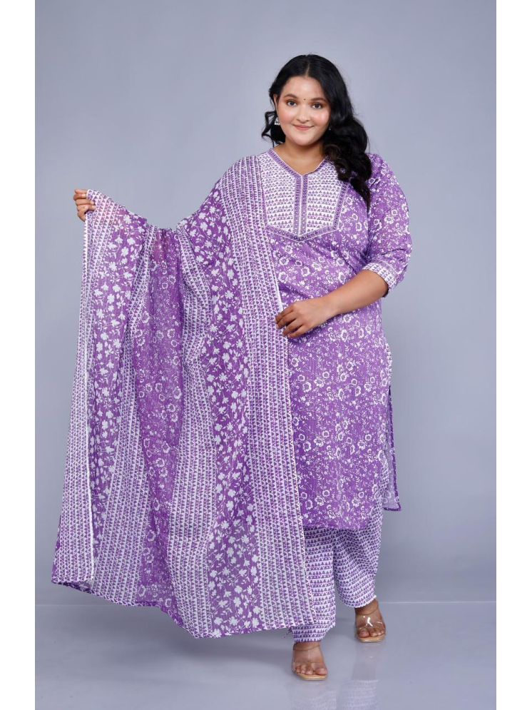     			HIGHLIGHT FASHION EXPORT Cotton Blend Printed Kurti With Pants Women's Stitched Salwar Suit - Purple ( Pack of 1 )