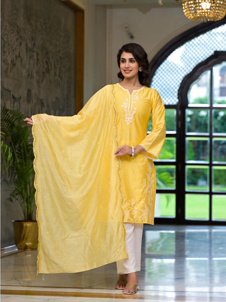     			Juniper Chanderi Embroidered Kurti With Palazzo Women's Stitched Salwar Suit - Yellow ( Pack of 1 )