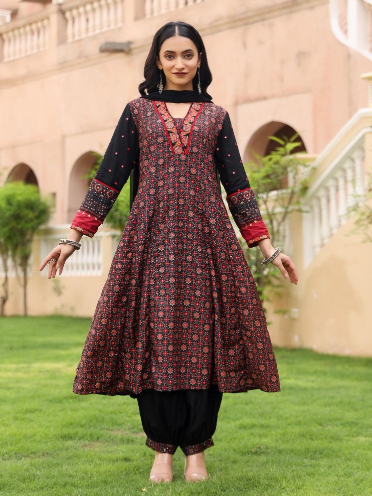     			Juniper Cotton Blend Printed Kurti With Salwar Women's Stitched Salwar Suit - Black ( Pack of 1 )