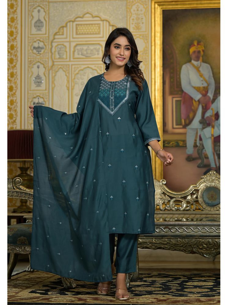     			Juniper Viscose Embroidered Kurti With Pants Women's Stitched Salwar Suit - Green ( Pack of 1 )