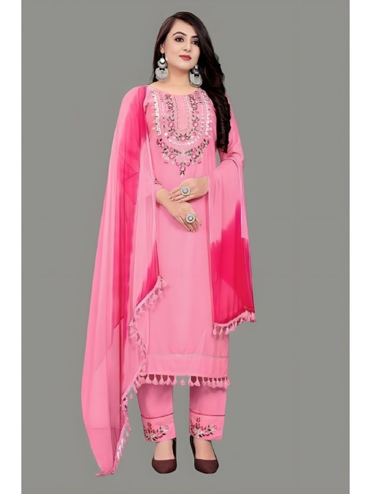     			Lady Shopi Rayon Embroidered Kurti With Pants Women's Stitched Salwar Suit - Pink ( Pack of 1 )