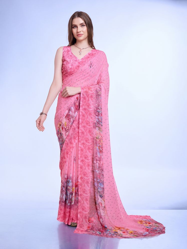     			Rekha Maniyar Chiffon Printed Saree With Blouse Piece - Pink ( Pack of 1 )