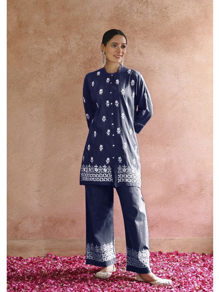     			A TO Z CART Rayon Embroidered Kurti With Palazzo Women's Stitched Salwar Suit - Navy ( Pack of 1 )