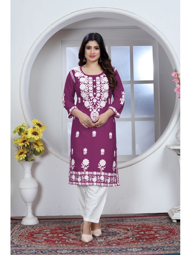     			A TO Z CART Rayon Embroidered Kurti With Pants Women's Stitched Salwar Suit - Wine ( Pack of 1 )