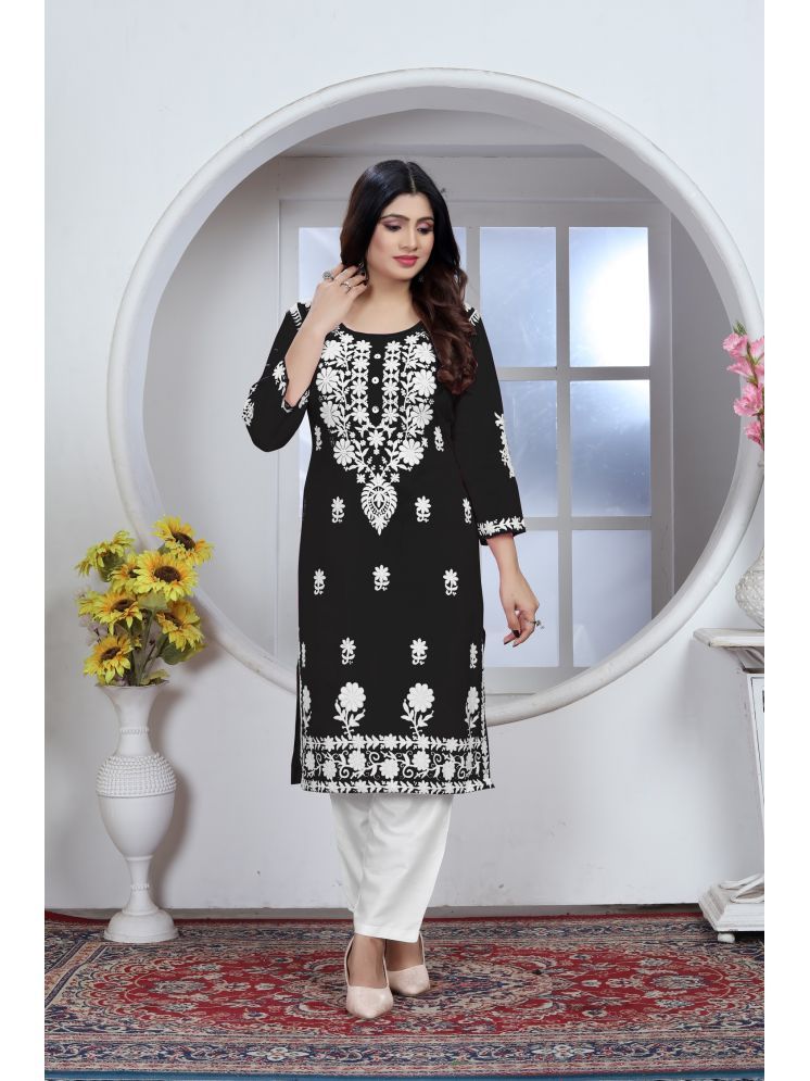     			A TO Z CART Rayon Embroidered Kurti With Pants Women's Stitched Salwar Suit - Black ( Pack of 1 )