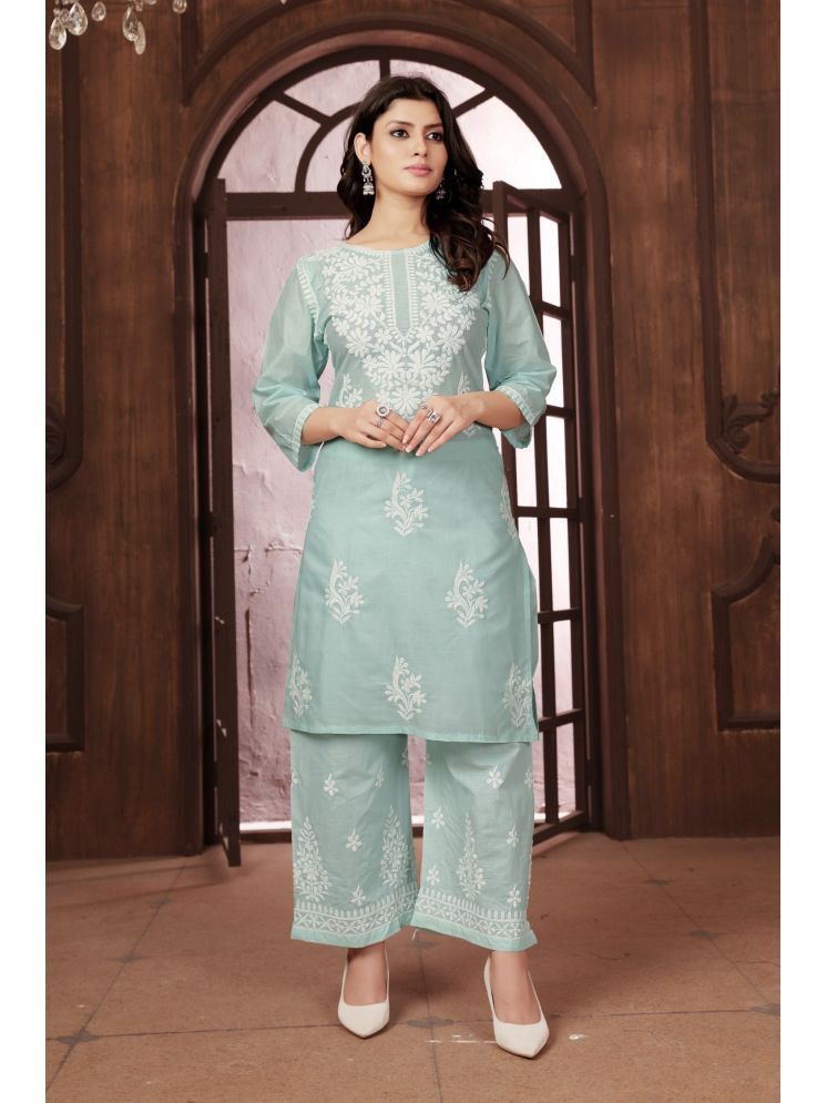     			Aika Cotton Embroidered Kurti With Palazzo Women's Stitched Salwar Suit - Sea Green ( Pack of 1 )