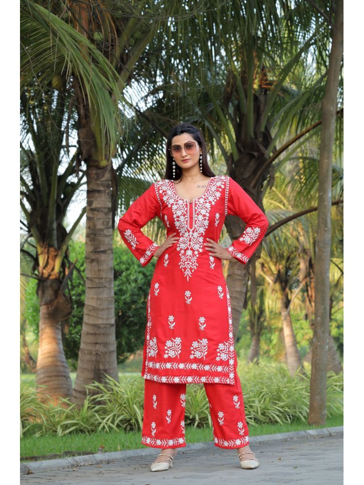     			Aika Rayon Embroidered Kurti With Palazzo Women's Stitched Salwar Suit - Red ( Pack of 1 )