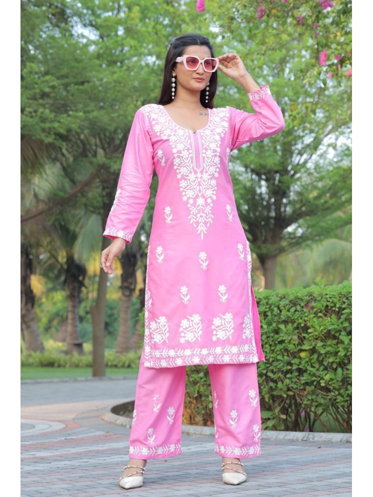     			Aika Rayon Embroidered Kurti With Palazzo Women's Stitched Salwar Suit - Pink ( Pack of 1 )