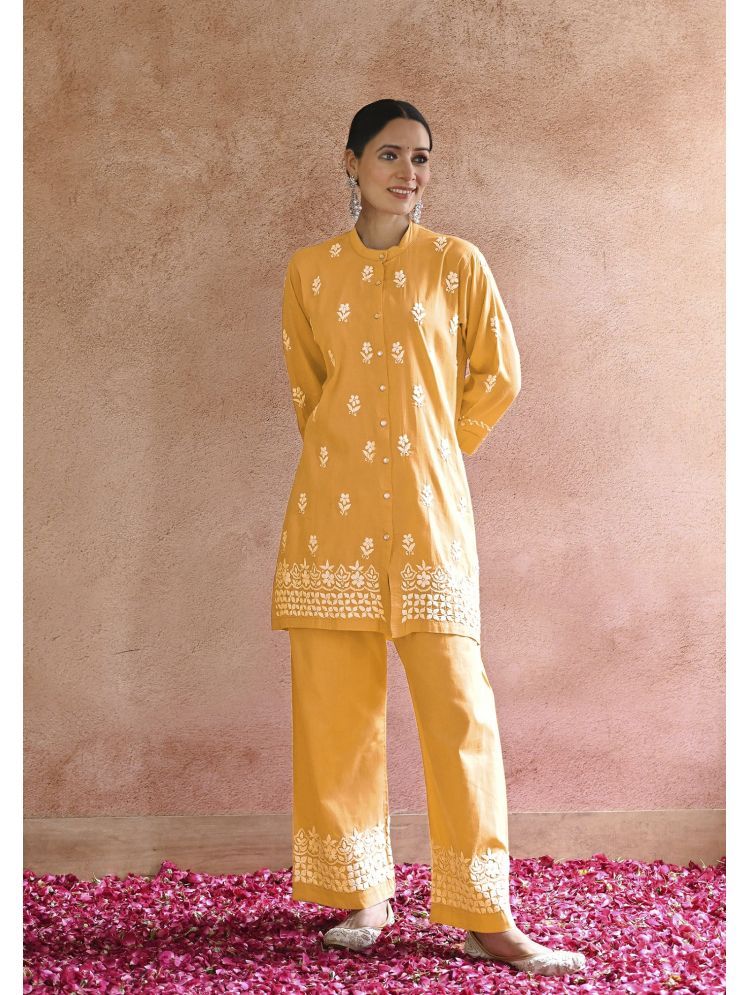     			Aika Rayon Embroidered Kurti With Palazzo Women's Stitched Salwar Suit - Yellow ( Pack of 1 )