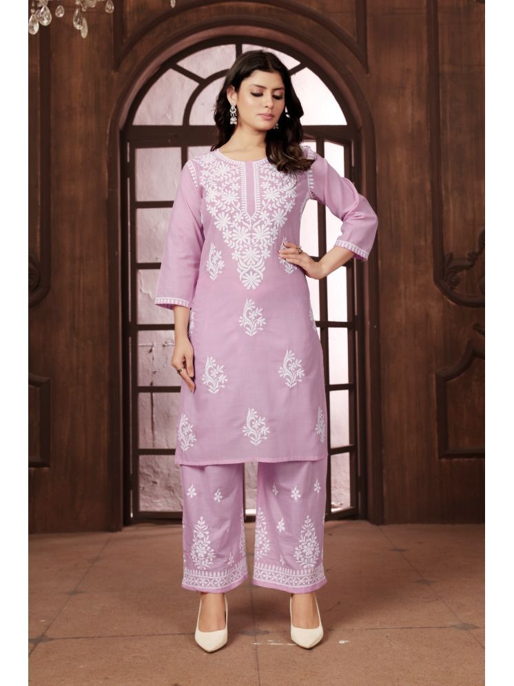     			Apnisha Cotton Embroidered Kurti With Palazzo Women's Stitched Salwar Suit - Pink ( Pack of 1 )