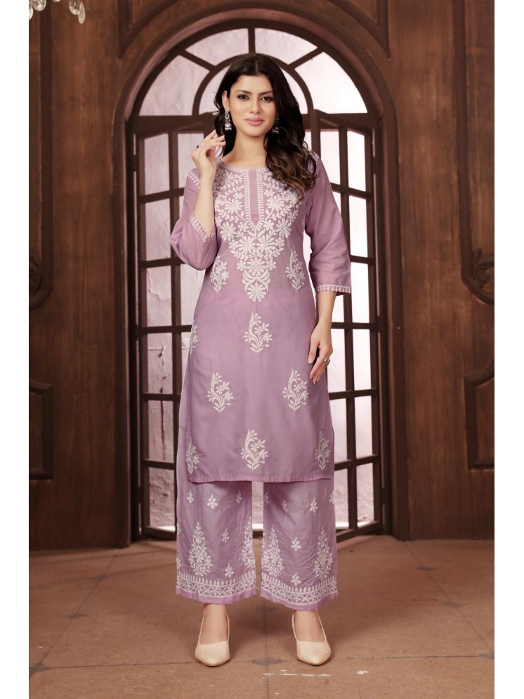     			Apnisha Cotton Embroidered Kurti With Palazzo Women's Stitched Salwar Suit - Rose Gold ( Pack of 1 )