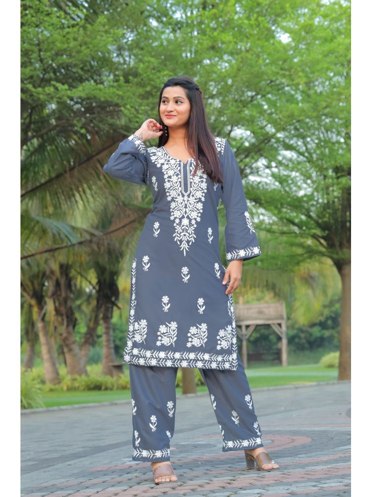     			Apnisha Rayon Embroidered Kurti With Palazzo Women's Stitched Salwar Suit - Grey ( Pack of 1 )