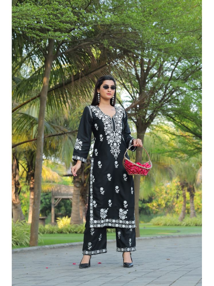     			JULEE Rayon Embroidered Kurti With Palazzo Women's Stitched Salwar Suit - Black ( Pack of 1 )