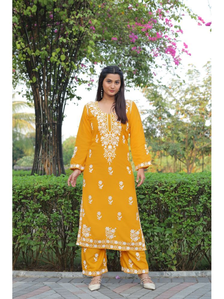     			JULEE Rayon Embroidered Kurti With Palazzo Women's Stitched Salwar Suit - Yellow ( Pack of 1 )