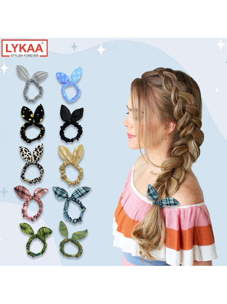     			Lykaa Colorful Printed Rabbit Ear Hair Tie Rubber Bands Style Ponytail Holder Scrunchies - 10 Pcs