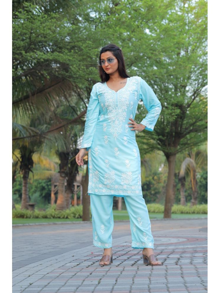     			Lady Shopi Rayon Embroidered Kurti With Palazzo Women's Stitched Salwar Suit - Turquoise ( Pack of 1 )