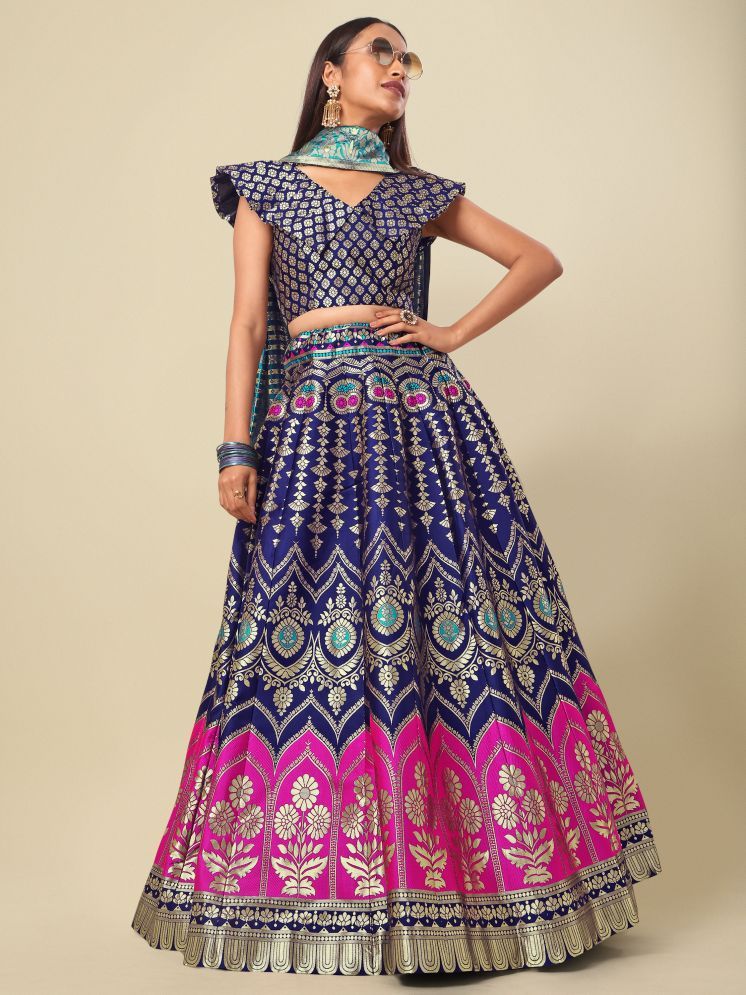     			PURVAJA Blue Jacquard Circular Semi Stitched Lehenga Single