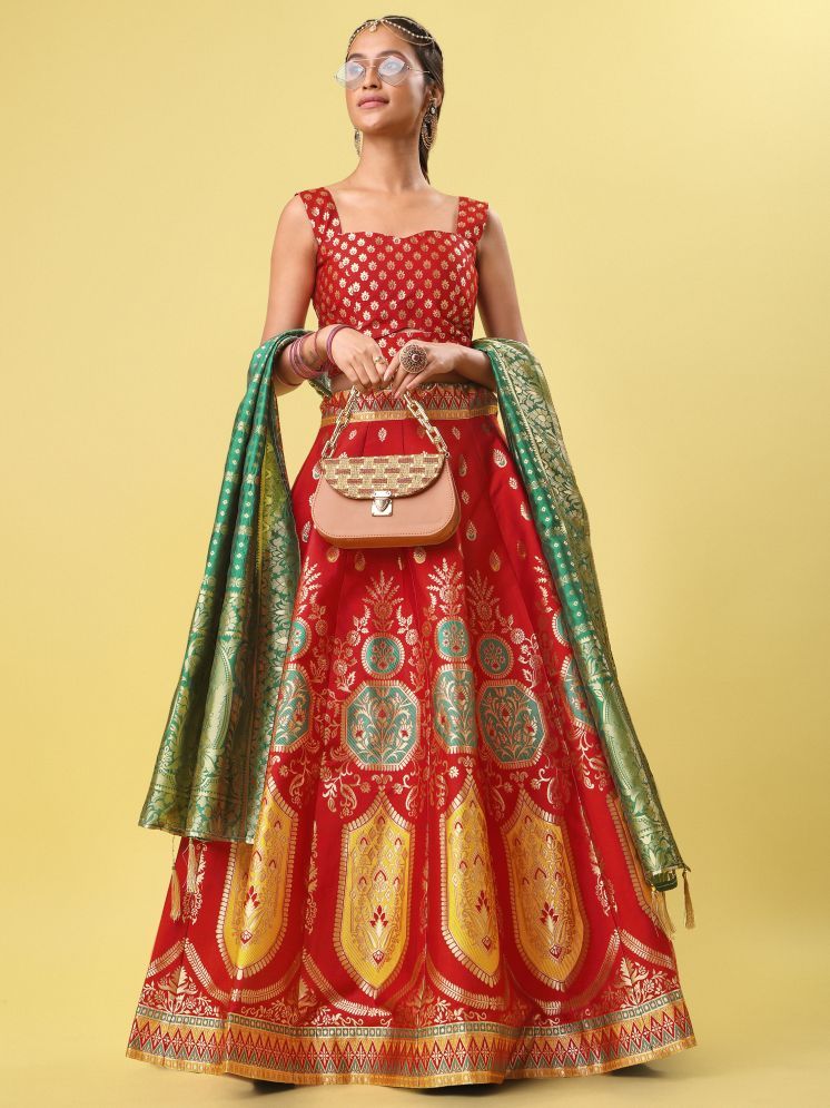     			PURVAJA Red Jacquard Circular Semi Stitched Lehenga Single